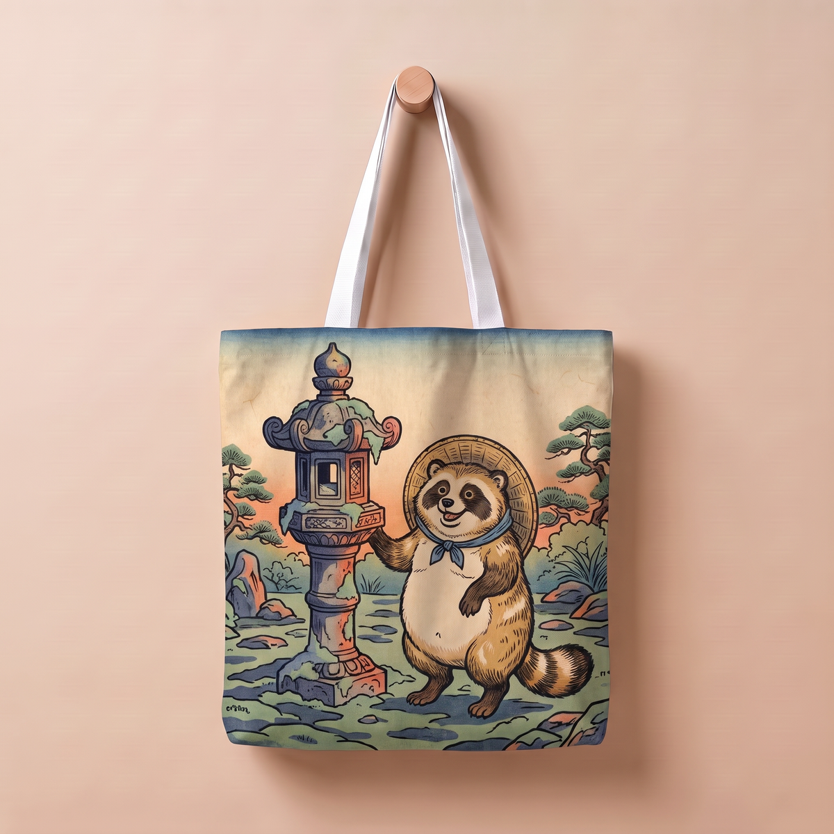 たぬきと石灯籠|浮世絵風トートバッグ