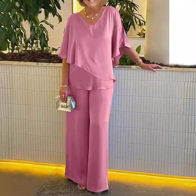 ワイドレッグパンツとアシンメトリートップのセット