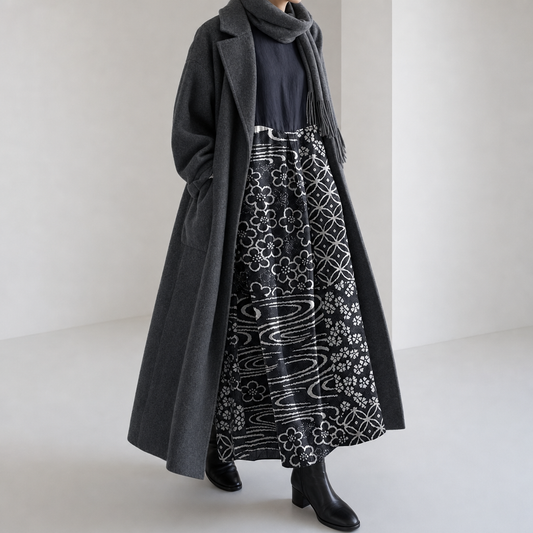 ハヅキ｜藍黒に和柄切替のワイドワンピース