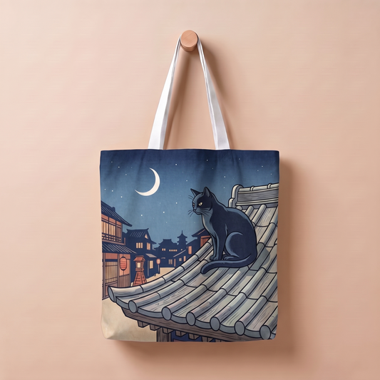 屋根の上の黒ねこ｜浮世絵風トートバッグ