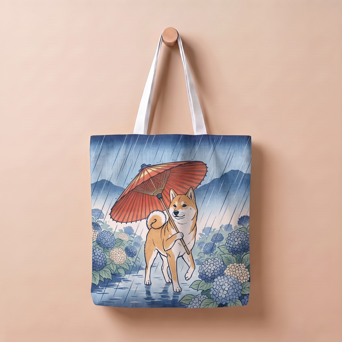 雨の日の柴犬｜浮世絵風トートバッグ