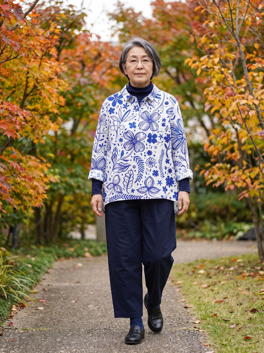藍色の花柄シャツの秋の重ね着コーデ