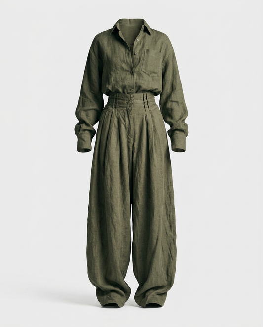 女性用コットンリネンシャツとワイドパンツセット
